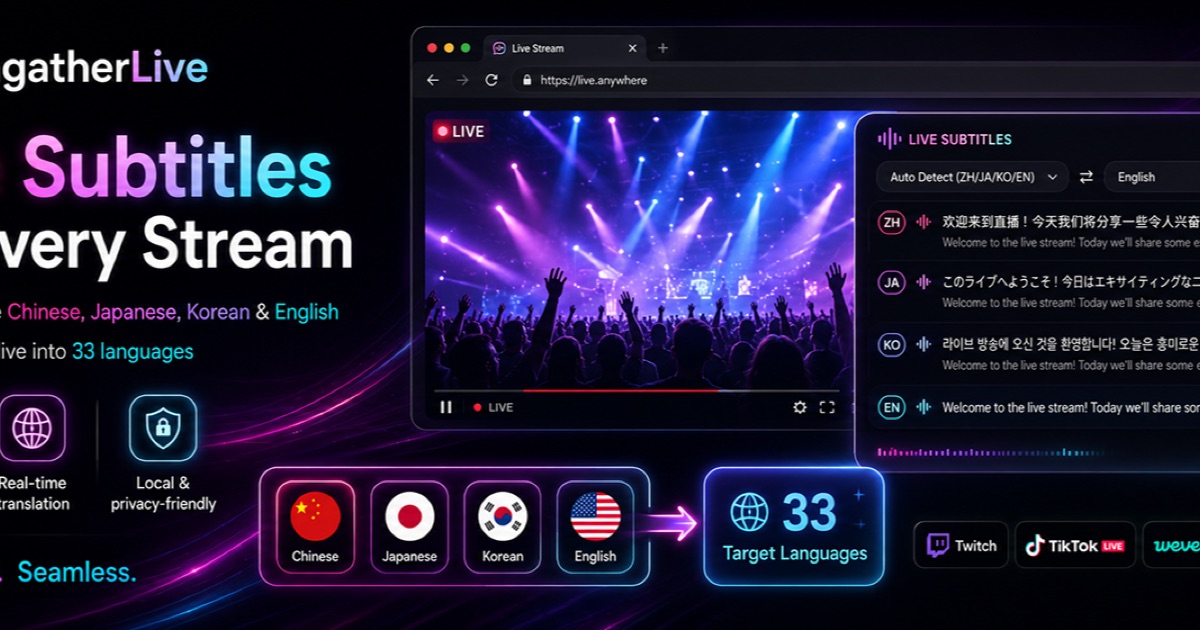 Lingather Live turning a live stream into real-time on-device subtitles with side-by-side translation.